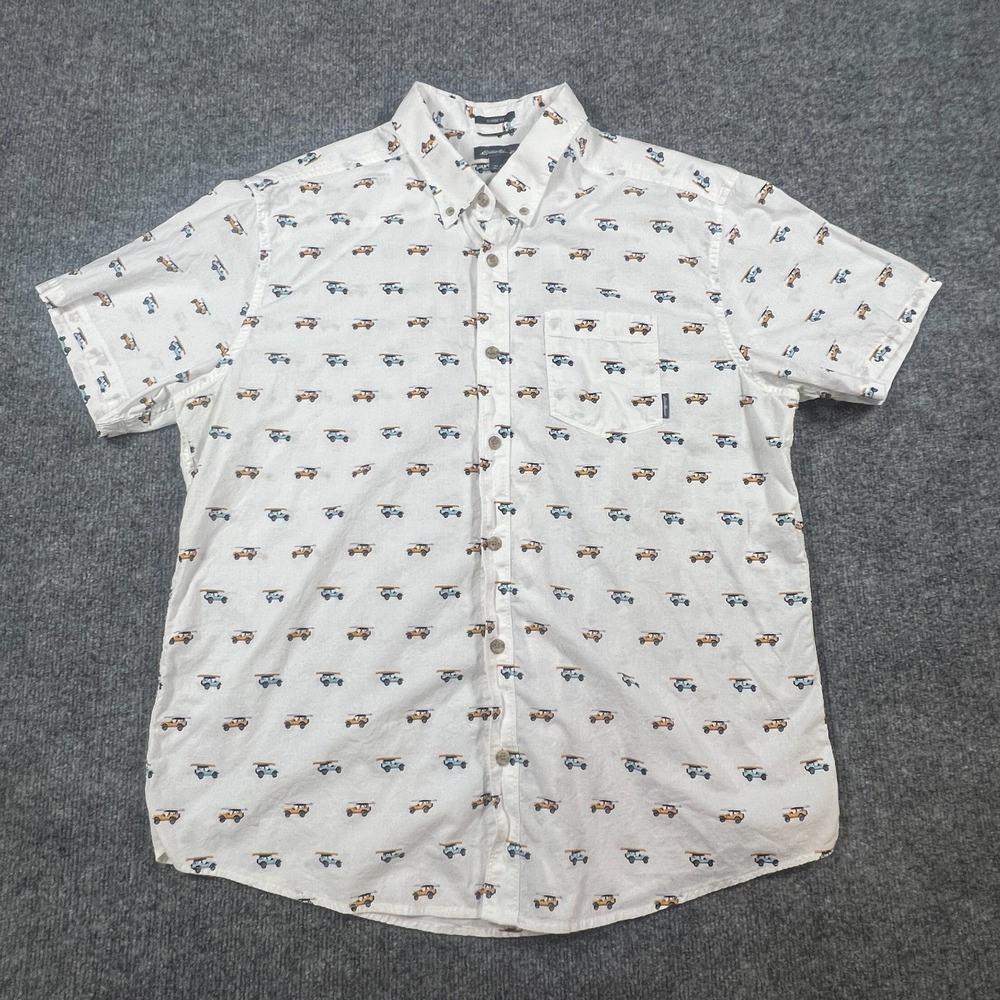 Eddie Bauer Short Sleeve Shirt Men XL White Cotton Baja Print Classic Fit Summer